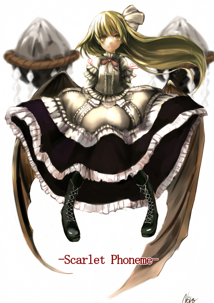 1girl, arms_behind_back, bat_wings, blonde_hair, boots, cross-laced_footwear, floating_rocks, hair_ribbon, kuronuko_neero, kurumi_(touhou), long_hair, looking_at_viewer, ribbon, rock, seal, shirt, skirt, smile, solo, touhou, touhou_(pc-98), wings, yellow_eyes