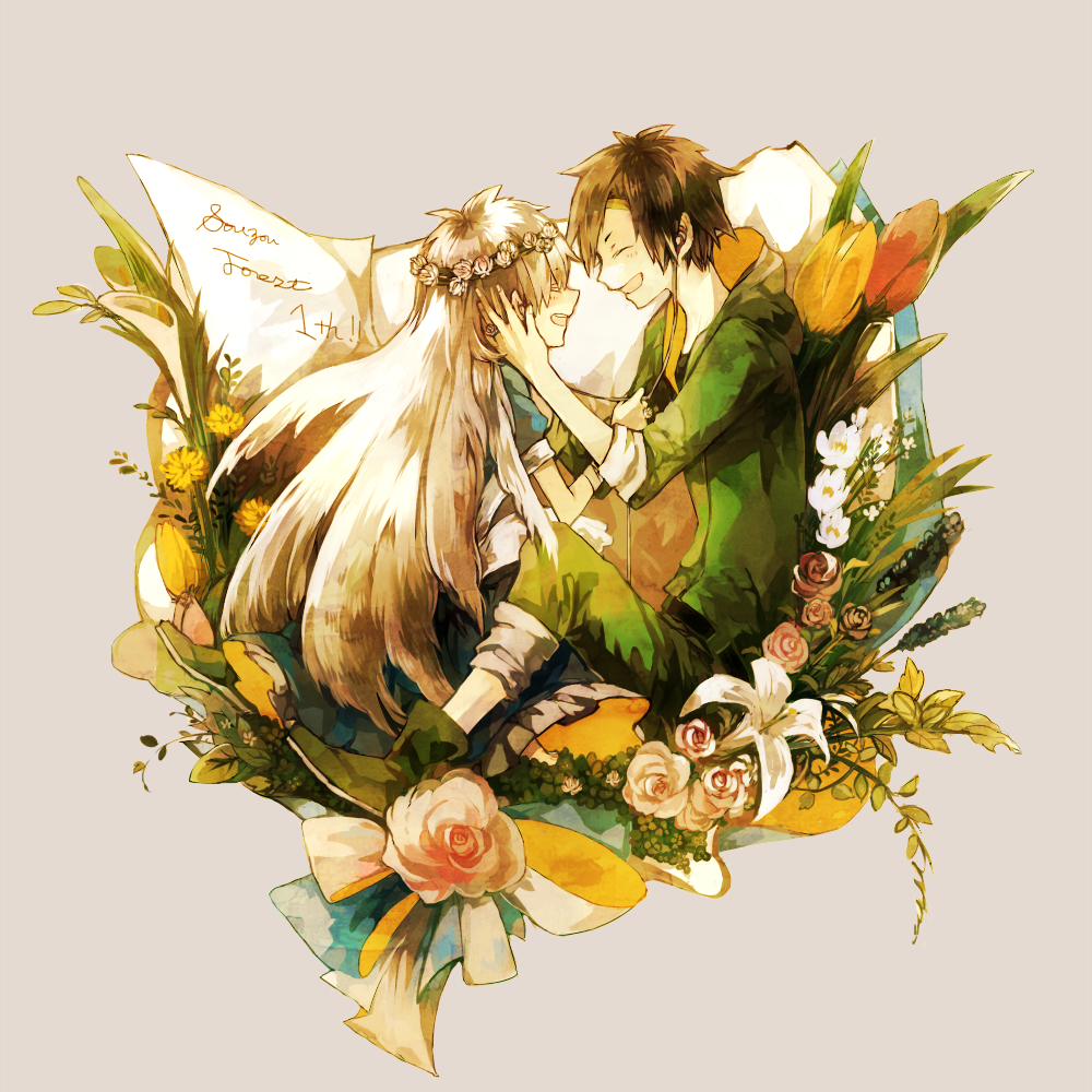 1boy, 1girl, closed_eyes, couple, dress, earphones, flower, hand_on_another's_cheek