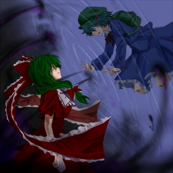 2girls, backpack, bag, blue_eyes, blue_hair, dark, eye_contact, green_eyes