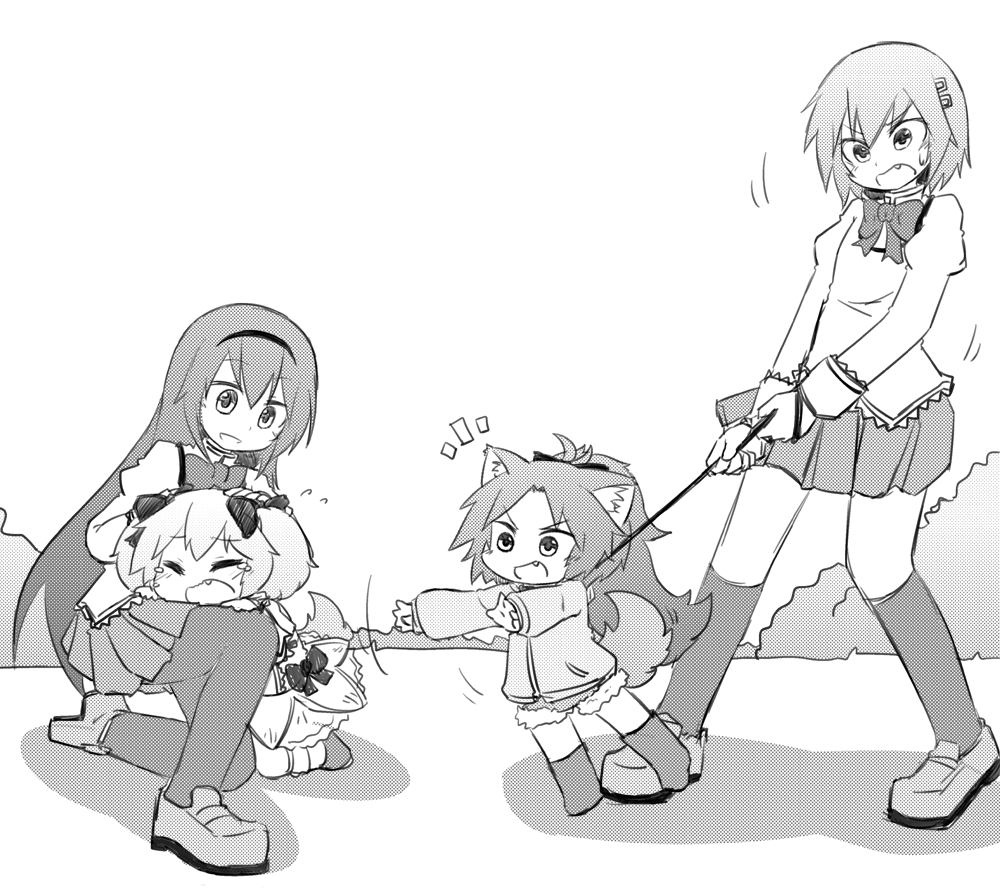 4girls, akemi_homura, animal_ears, bow, closed_eyes, dog_ears, dog_tail, kaname_madoka