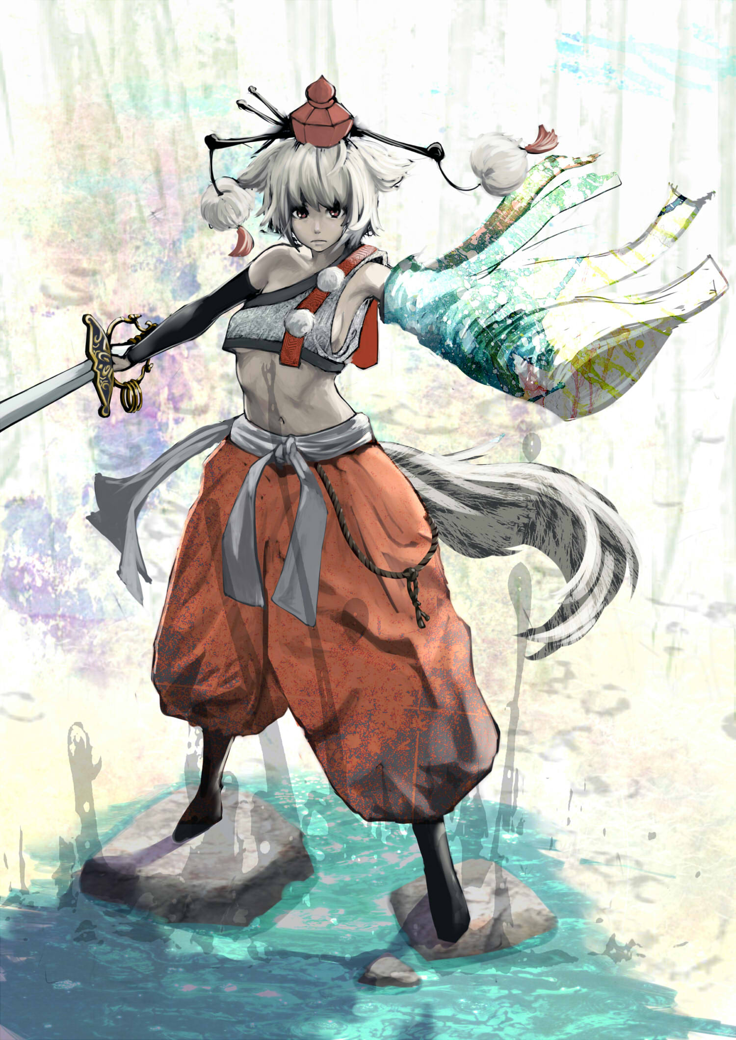 1girl, alternate_costume, alternate_weapon, animal_ears, bombomb25, detached_sleeves, frown, hat