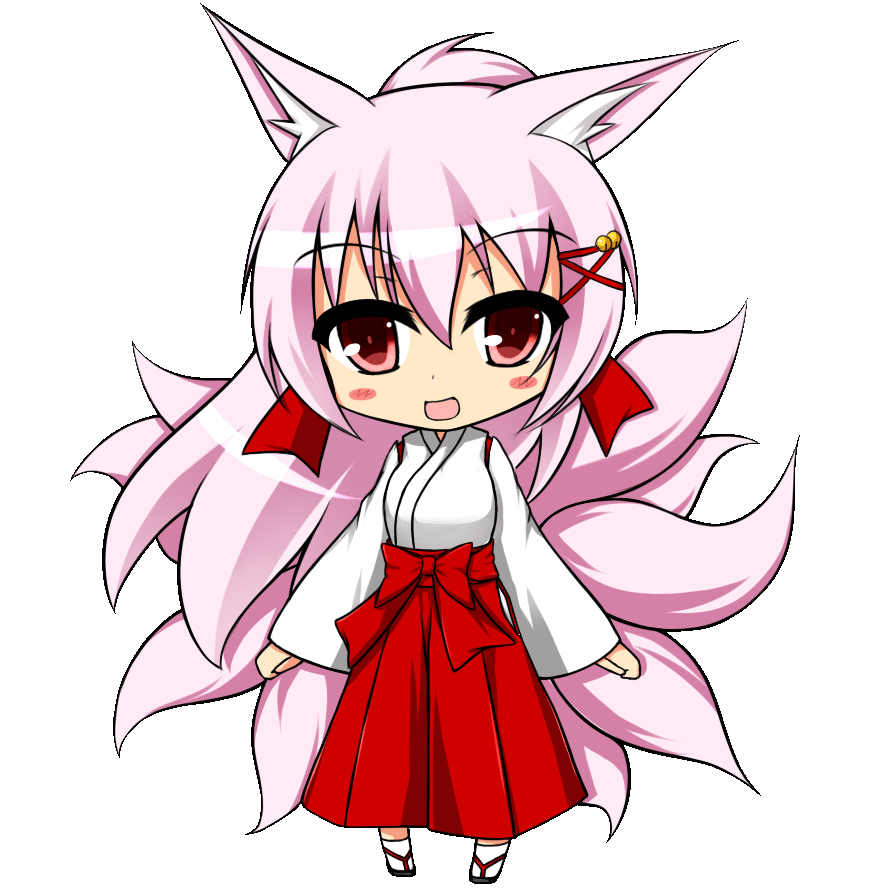 1girl, animal_ears, blush_stickers, chibi, fox_ears, fox_tail, japanese_clothes, long_hair