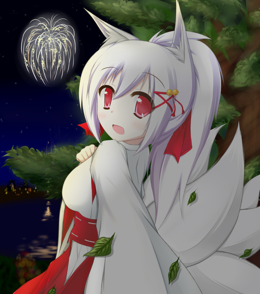 1girl, animal_ears, fireworks, fox_ears, highres, japanese_clothes, long_hair, looking_at_viewer