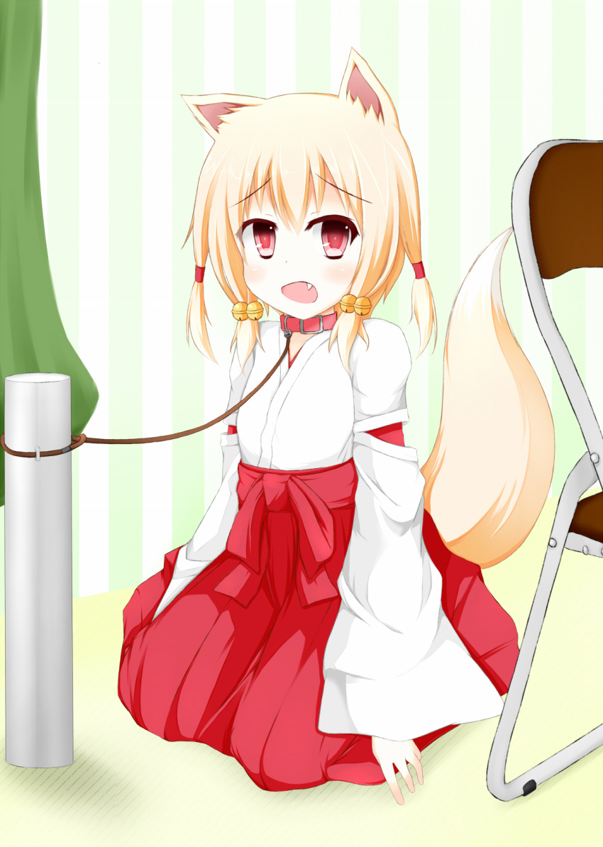 1girl, animal_ears, blonde_hair, blush, collar, fang, flat_chest, fox_ears, fox_tail, highres, kneeling, leash, mikomiko_masimaro, original, solo, tail