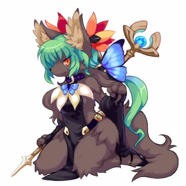 1girl, butterfly, furry, green_hair, long_hair, original, simple_background, smile