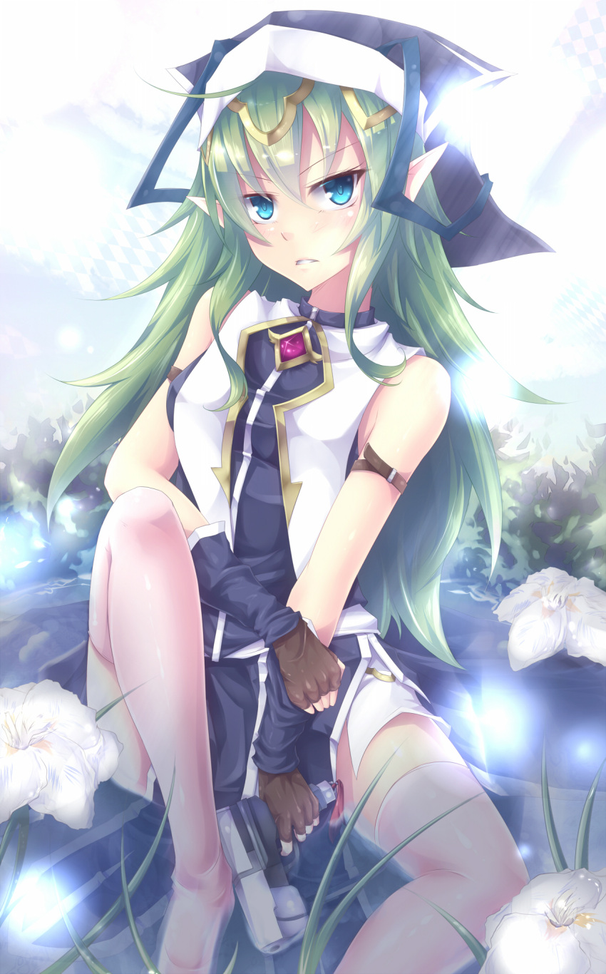 1girl, battle_sister_eclair, cardfight!!_vanguard, flower, green_hair, gun, long_hair, looking_at_viewer