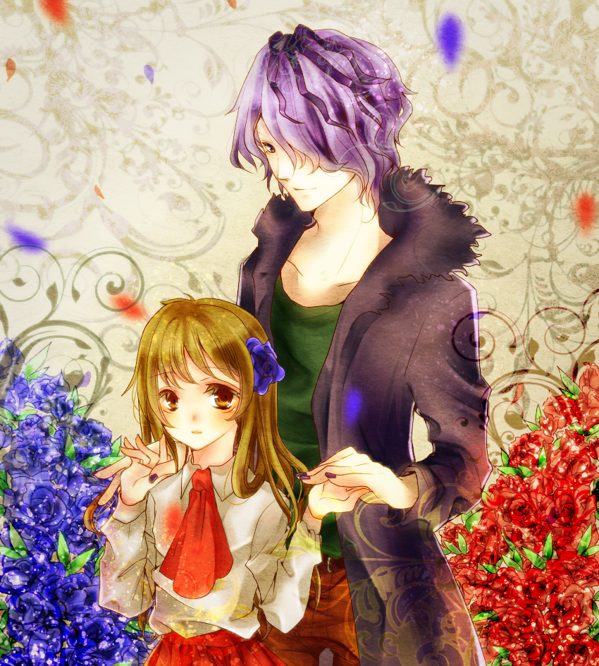 1boy, 1girl, brown_eyes, brown_hair, couple, flower, garry_(ib), hair_flower