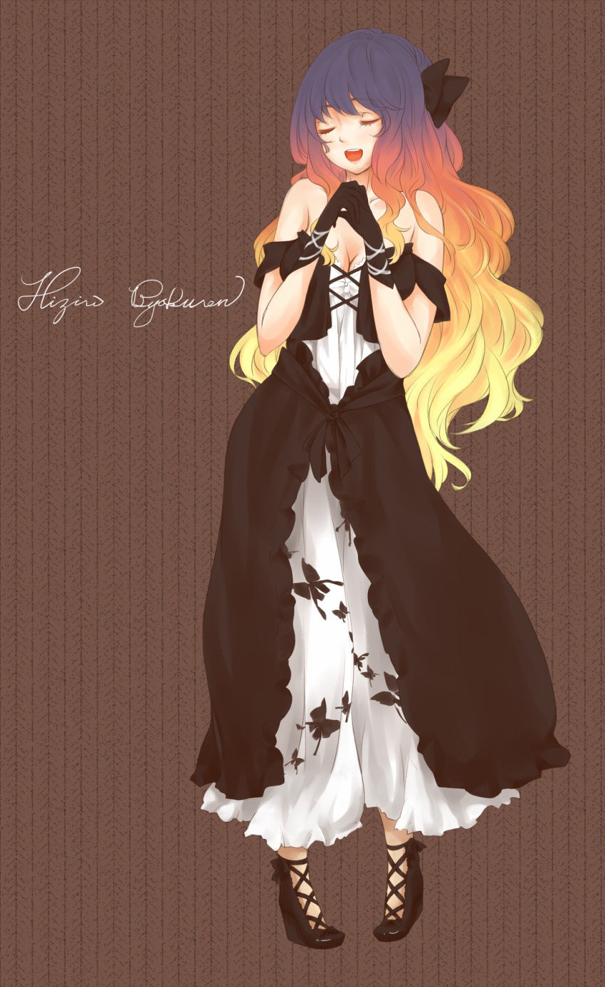 1girl, adapted_costume, blonde_hair, breasts, brown_background, brown_hair, character_name, cleavage