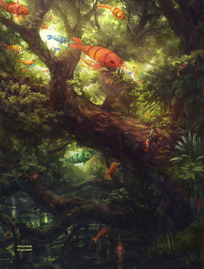1girl, branch, fish, forest, kite, leaf, nature, original