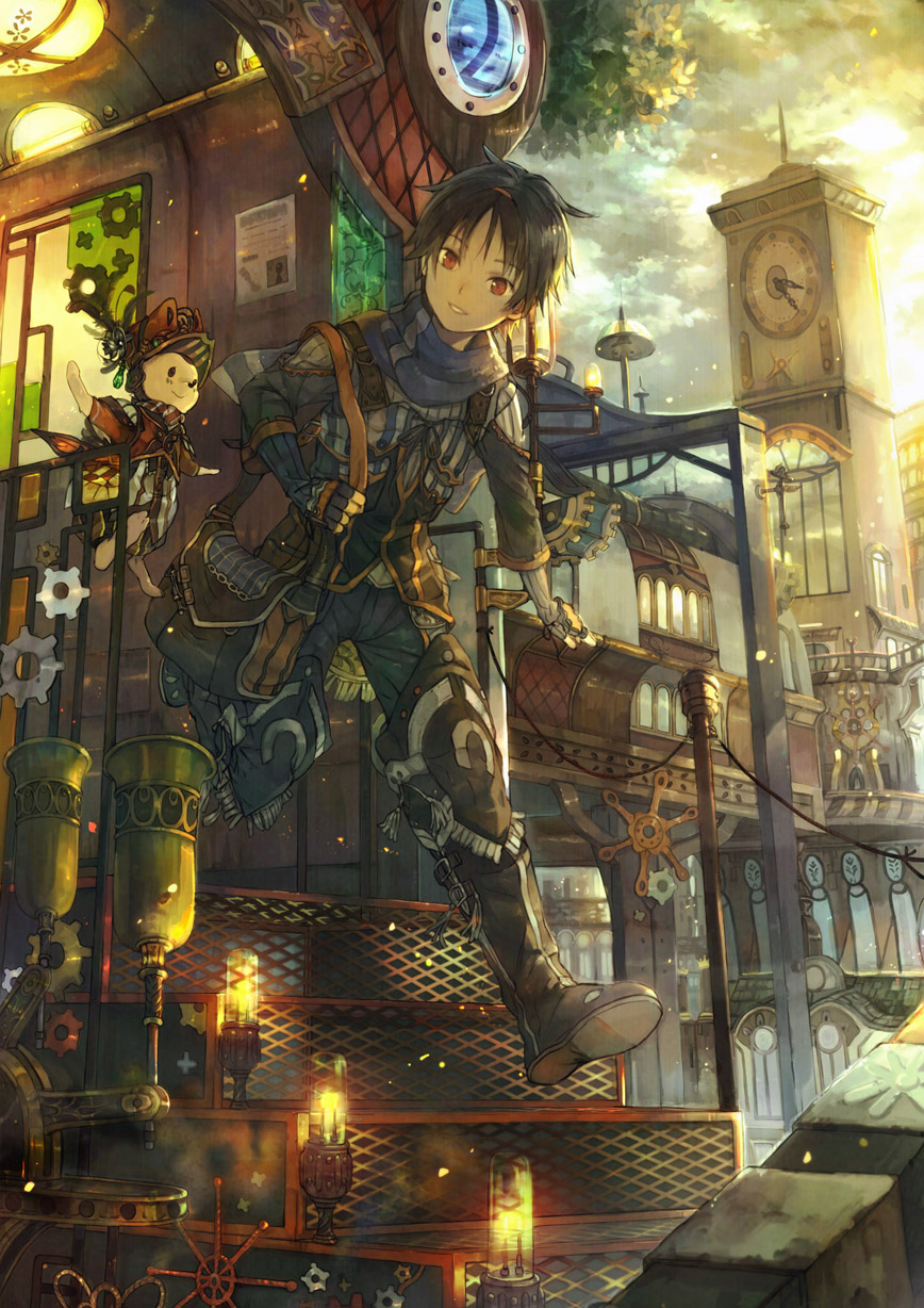 1boy, animal, bag, black_hair, boots, building, clock, clock_tower