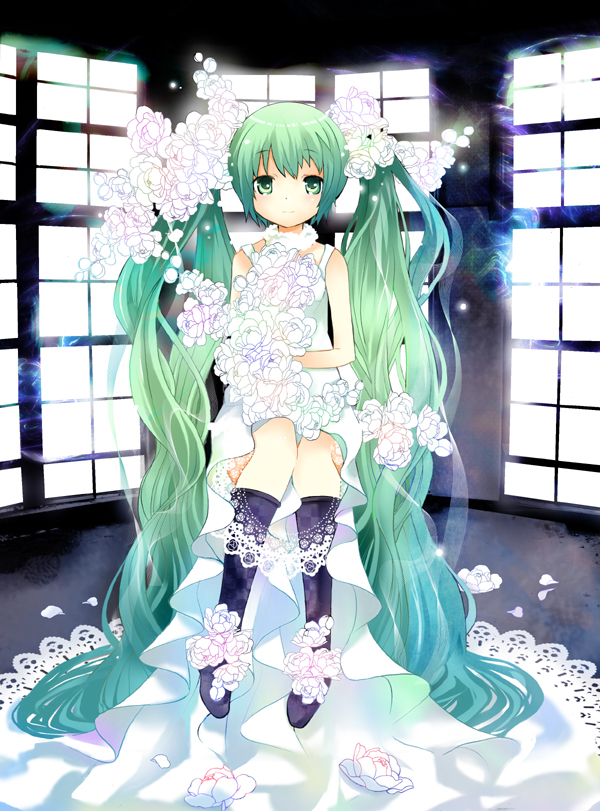 1girl, flower, green_eyes, green_hair, hatsune_miku, kneehighs, long_hair, sitting, solo, twintails, very_long_hair, vocaloid, yazawan