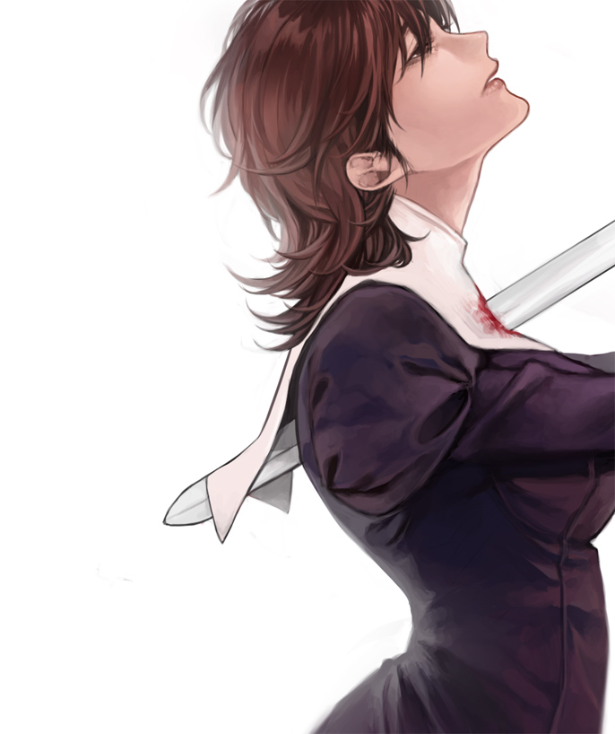 1girl, blood, brown_eyes, brown_hair, dress, fate/stay_night, fate_(series), genderswap