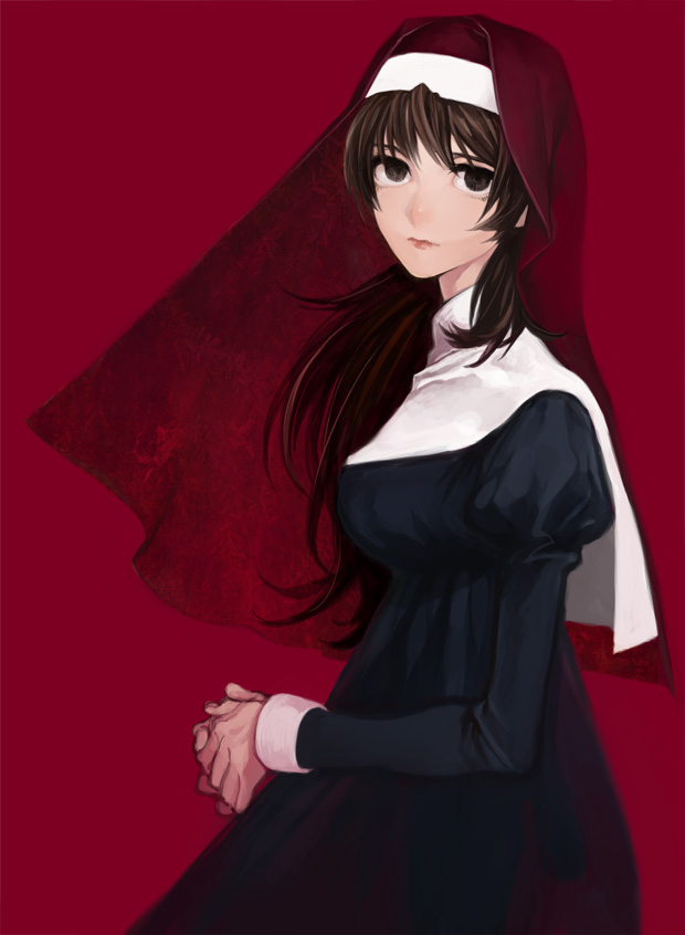 1girl, brown_eyes, brown_hair, cross, cross_necklace, dress, fate/zero, fate_(series)