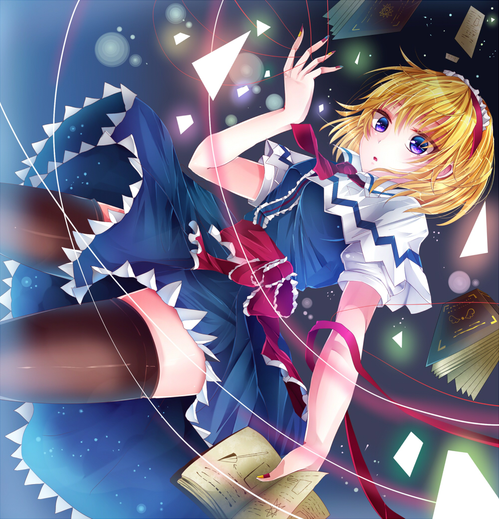 1girl, alice_margatroid, black_legwear, blonde_hair, blue_eyes, book, bow, capelet