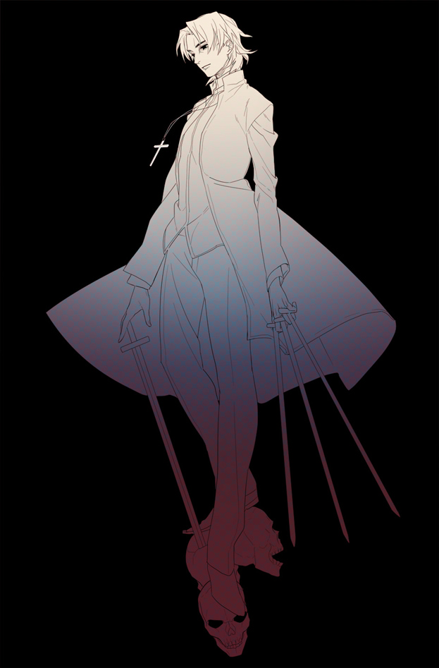 1boy, black_keys, cassock, cross, cross_necklace, fate/stay_night, fate_(series), jewelry, kotomine_kirei, necklace, skull, solo, ttkkmmrr