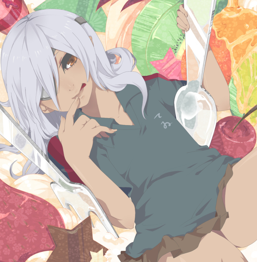 dark_skin, eyepatch, food, fork, fruit, highres, inazuma_eleven, kiwifruit, licking, orange_eyes, sakuma_jirou, shota, silver_hair, skirt, solo, spoon, strawberry, takesouko, tongue, trap