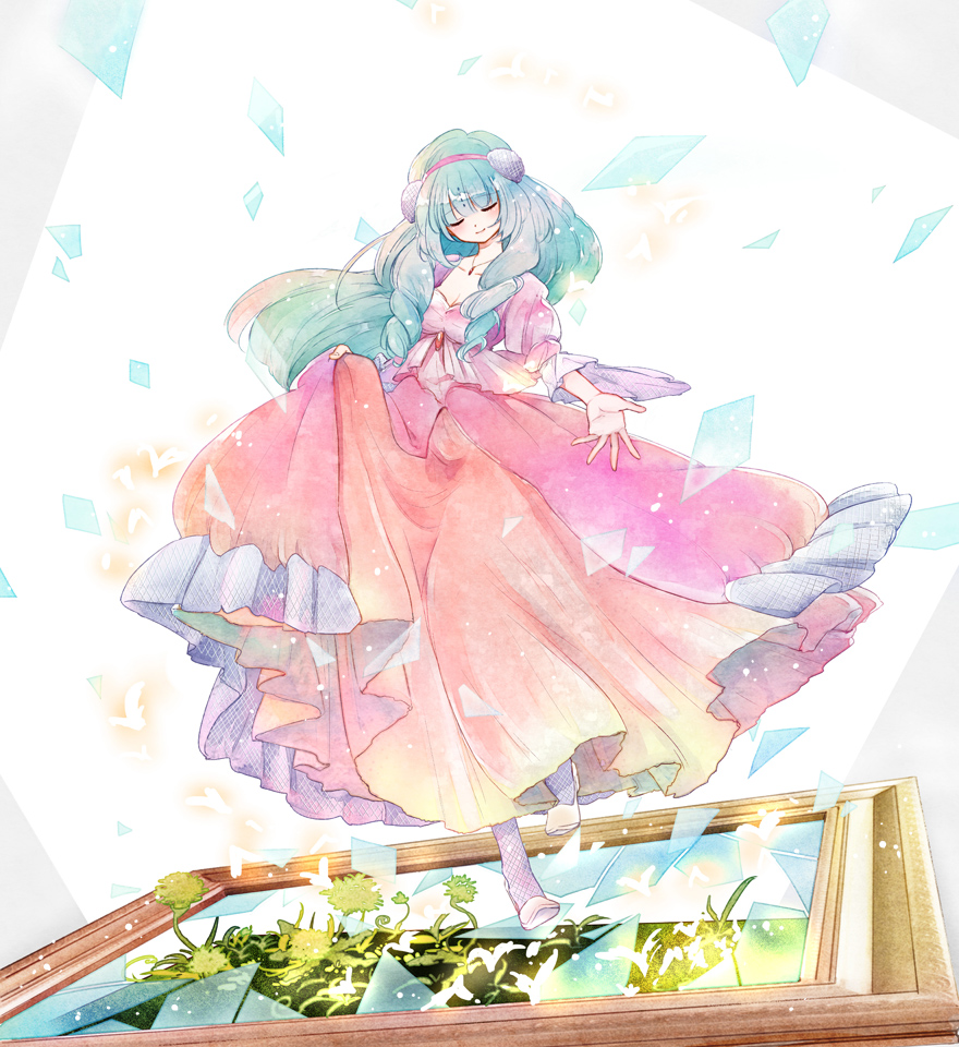 1girl, aqua_hair, broken_glass, closed_eyes, dress, dunya_mustashim, flower, glass
