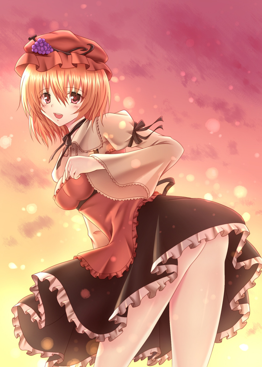 1girl, aki_minoriko, apron, ass, back, blonde_hair, blush, breasts, food, fruit, grapes, hair_ornament, hat, light_particles, long_sleeves, looking_back, open_mouth, red_eyes, short_hair, skirt, smile, solo, sunset, touhou, zhou_yu_(ppaaqz1995)