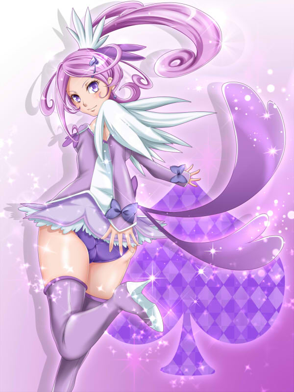 1girl, arm_warmers, bow, cure_sword, curly_hair, dokidoki!_precure, gradient, gradient_background, hair_ornament, hairpin, kenzaki_makoto, looking_back, magical_girl, miniskirt, nakoshe, panties, ponytail, precure, purple, purple_background, purple_hair, purple_legwear, purple_panties, ribbon, short_hair, skirt, smile, solo, spade, sparkle, standing_on_one_leg, thigh-highs, underwear, violet_eyes, white_background