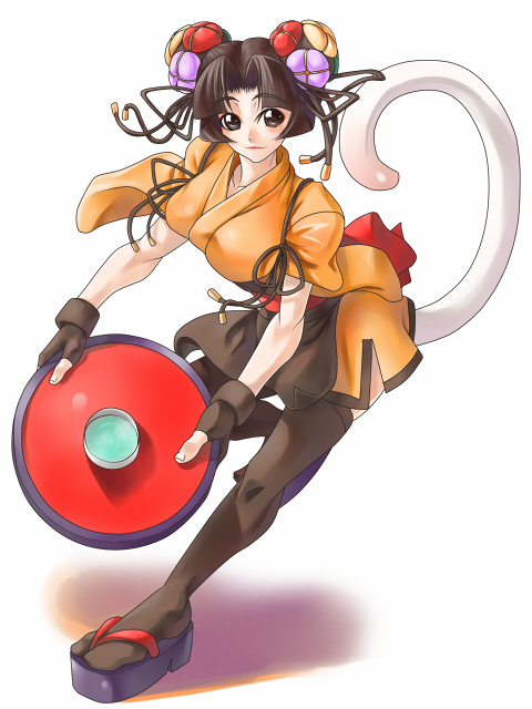 battle_fantasia, black_hair, blush, brown_eyes, cat_tail, clog_sandals, coyori, geta