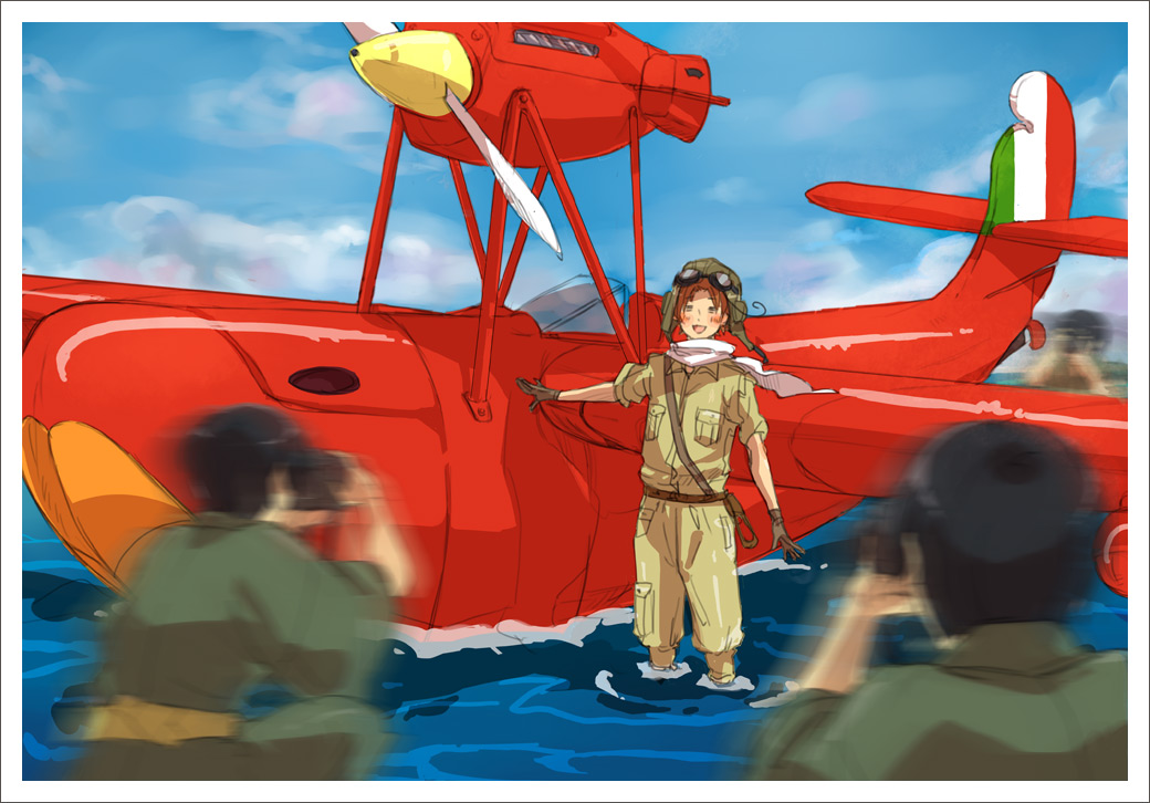 ahoge, airplane, axis_powers_hetalia, belt, black_hair, border, brown_hair, camera, flying_boat, gloves, goggles, japan_(hetalia), ktsn, macchi_m33, male, northern_italy_(hetalia), ocean, scarf, uniform, water