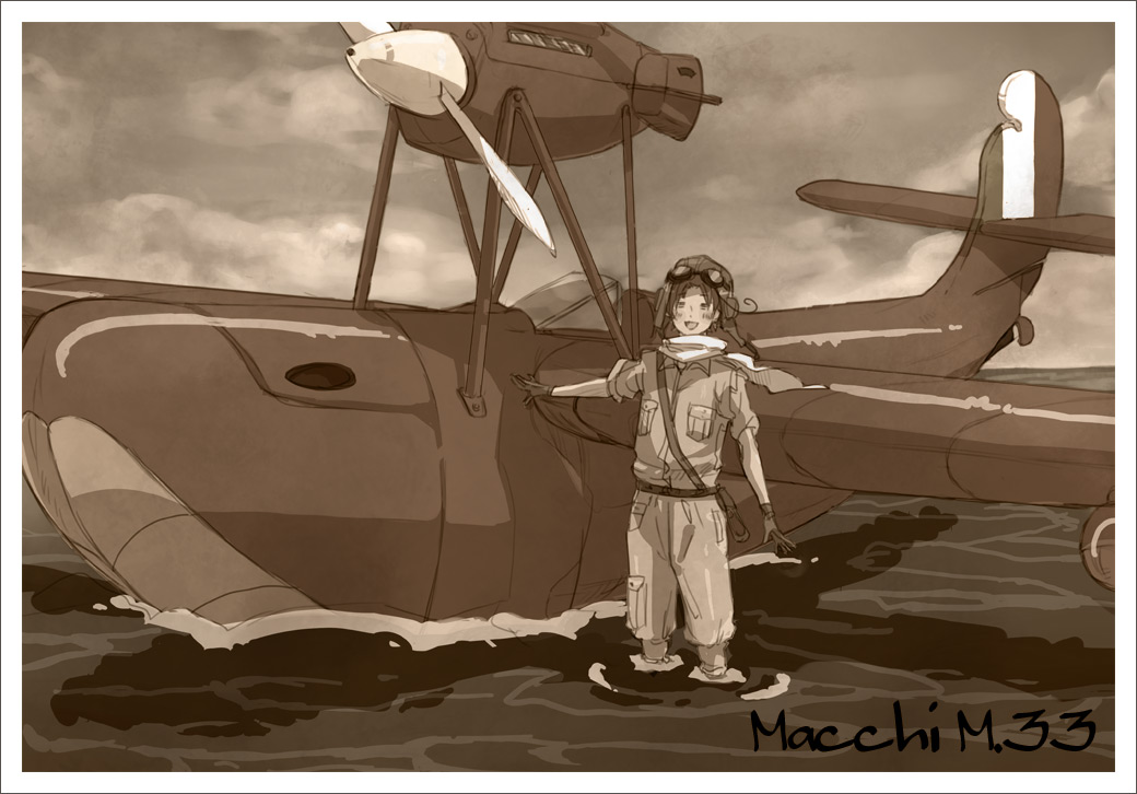 :d, ahoge, airplane, axis_powers_hetalia, flying_boat, gloves, goggles, ktsn, macchi_m33, male, northern_italy_(hetalia), ocean, scarf, sepia, uniform
