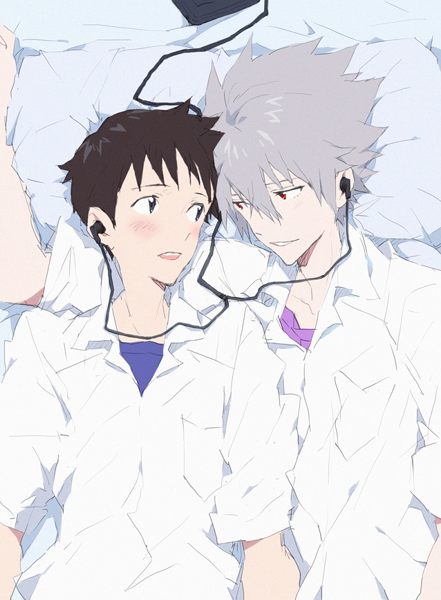 2boys, blush, cassette_player, chocolate_sable, earphones, evangelion:_3.0_you_can_(not)_redo, ikari_shinji, lying