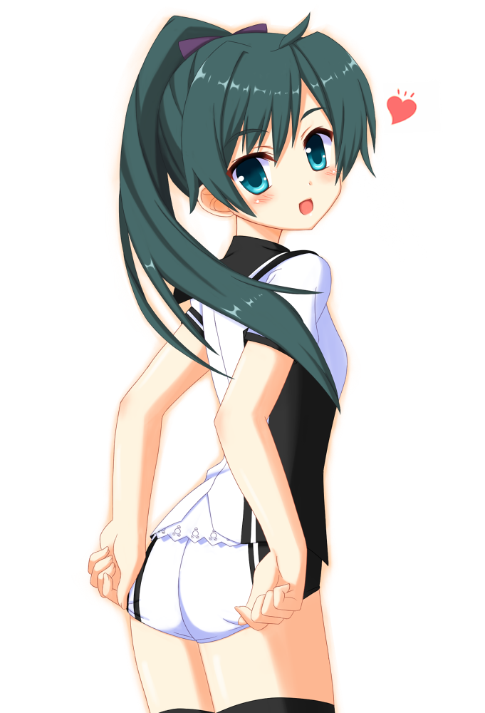 1girl, borubomu, green_eyes, gren_hair, long_hair, ponytail, saegusa_wakaba, school_uniform, short_shorts, shorts, solo, thigh-highs, vividred_operation
