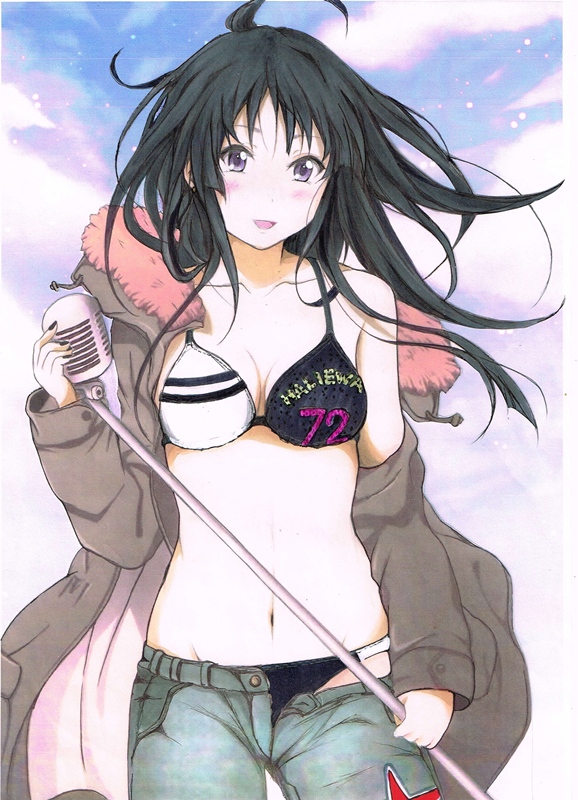 1girl, akiyama_mio, bikini, black_eyes, black_hair, coat, jeans, k-on!, k-on!_movie, long_hair, microphone, nishinakajima_nanpou, open_fly, singing!, swimsuit, unzipped