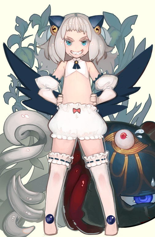 1girl, bare_shoulders, blue_eyes, chaos_code, cthylla_(chaos_code), elbow_gloves, eyeball, eyebrows, gloves, grin, hands_on_hips, sharp_teeth, short_hair, silver_hair, smile, solo, sweatdrop, thigh-highs, tissue_(pixiv), wings