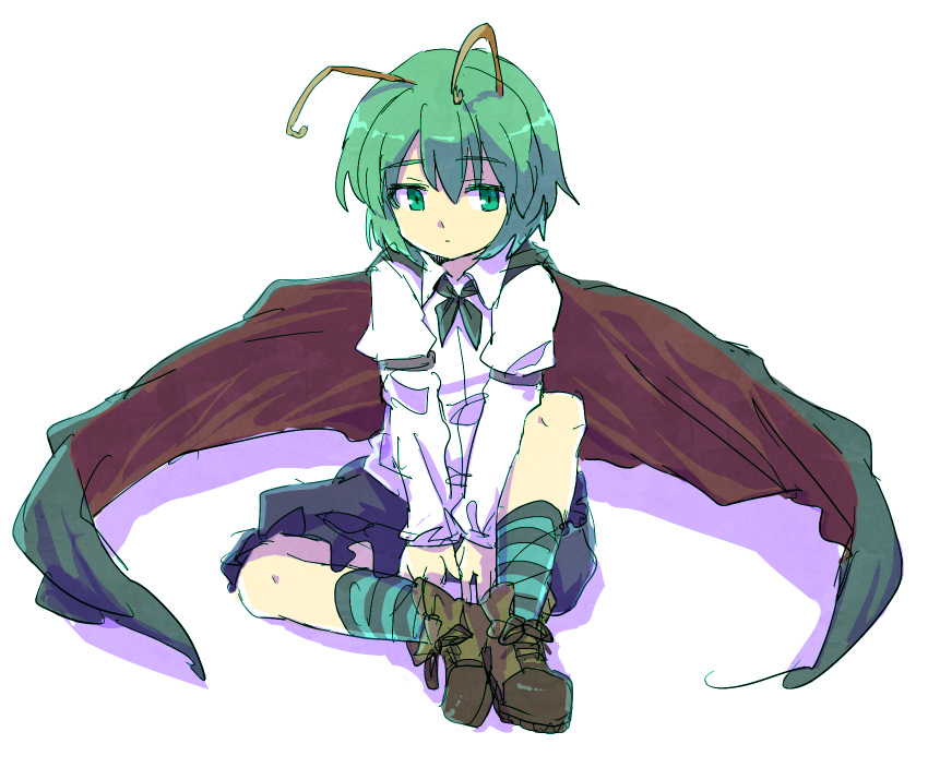 1girl, antenna_hair, cape, furorida, green_eyes, green_hair, highres, juliet_sleeves, long_sleeves, puffy_sleeves, rough, shirt, shoes, short_hair, shorts, sitting, socks, solo, striped, striped_legwear, touhou, v_arms, wriggle_nightbug