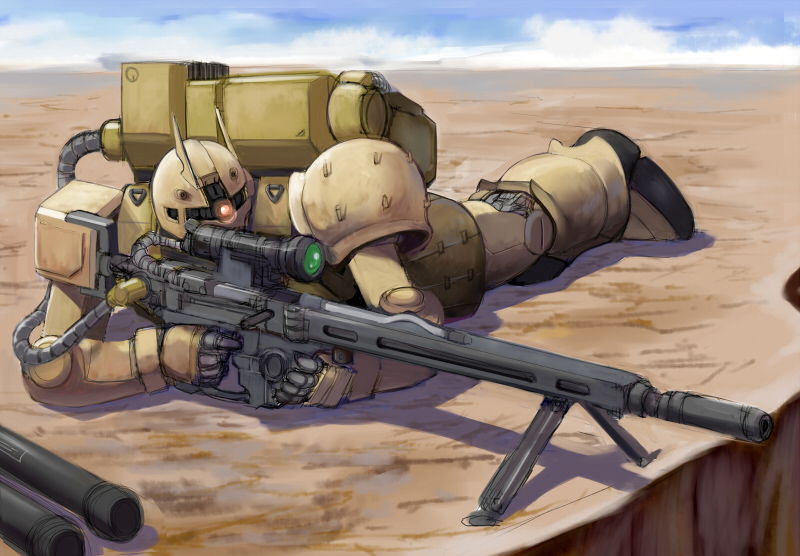 backpack, bag, gacha-m, gun, gundam, gundam_unicorn, hose, no_humans, on_stomach, rifle, rough, shadow, sniper_rifle, sniping, solo, weapon, zaku, zaku_i_sniper_type