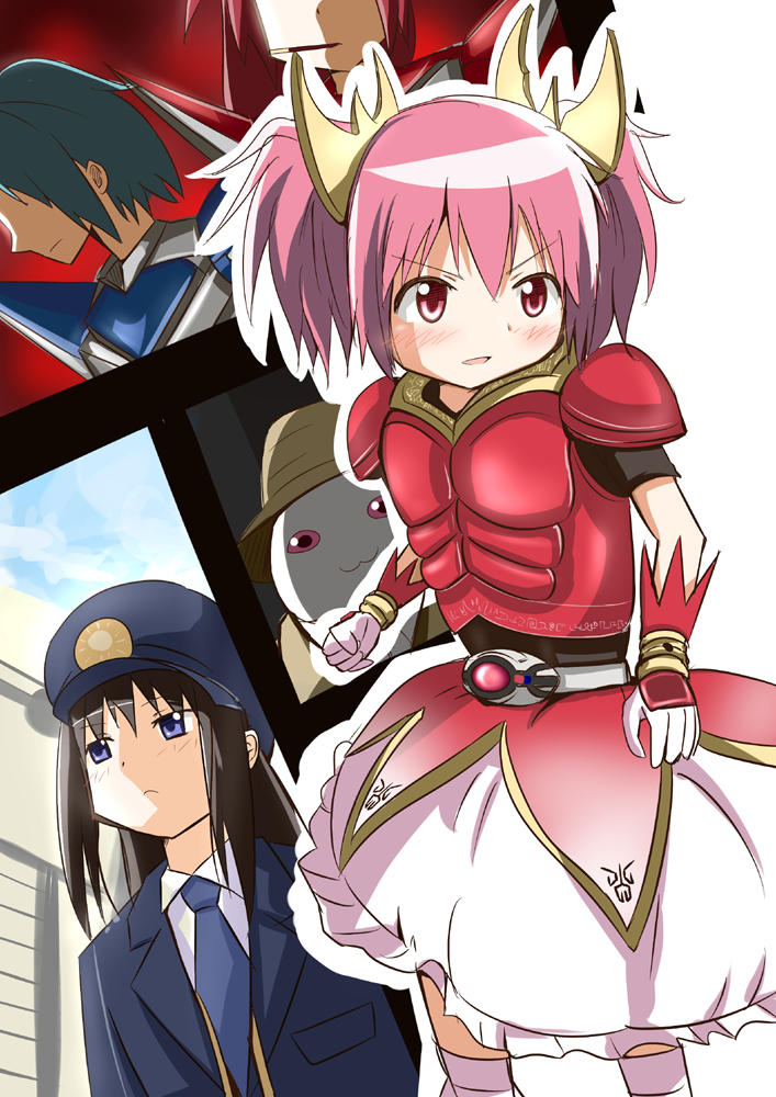 4girls, :3, akemi_homura, belt, black_hair, blue_hair, female, hair_ornament, hat, kamen_rider, kamen_rider_dcd, kamen_rider_kabuto_(series), kamen_rider_kick_hopper, kamen_rider_kuuga, kamen_rider_kuuga_(series), kamen_rider_punch_hopper, kaname_madoka, kyubey, long_hair, mahou_shoujo_madoka_magica, miki_sayaka, mouth_hold, multiple_girls, narutaki_(dcd), narutaki_(dcd)_(cosplay), necktie, pink_eyes, pink_hair, pocky, police, police_uniform, redhead, rider-tan, sakura_kyouko, short_hair, twintails, u_u_(mooooooou), uniform