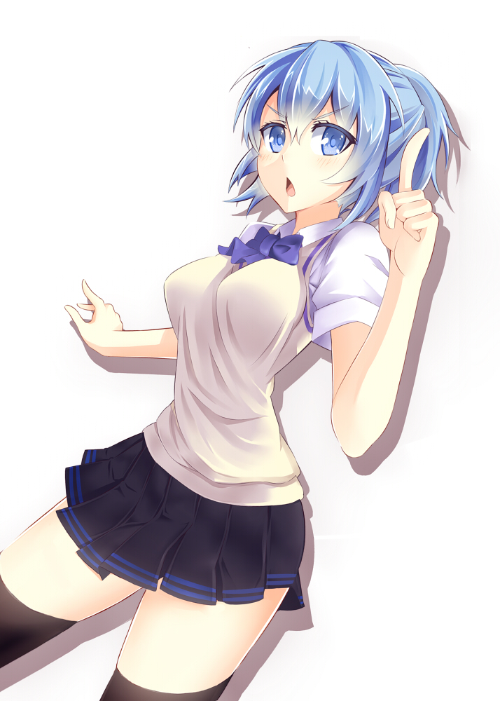 blue_hair, bow, breasts, chestnut_mouth, original, paparins, ponytail, school_uniform