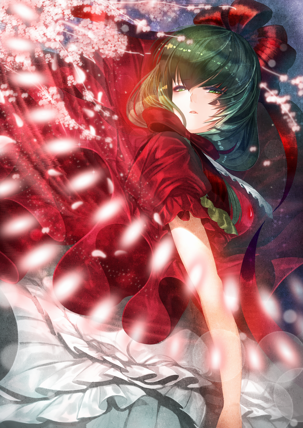 1girl, ballpoint_pen_(medium), dress, front_ponytail, green_eyes, green_hair, hair_ribbon, highres