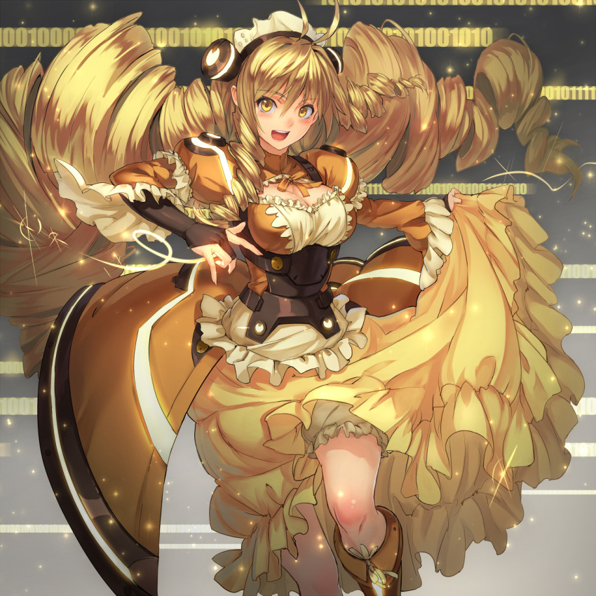 1girl, ahoge, antenna_hair, blonde_hair, blush, boots, brown_hair, dress