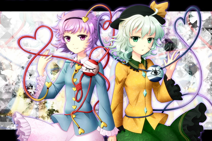 2girls, blush, green_eyes, green_hair, hairband, hat, hat_ribbon, heart
