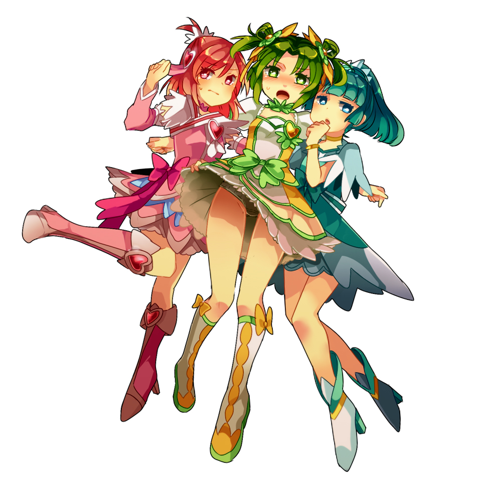 3girls, aoki_reika, arm_warmers, blue_eyes, blue_hair, blush, boots, bow