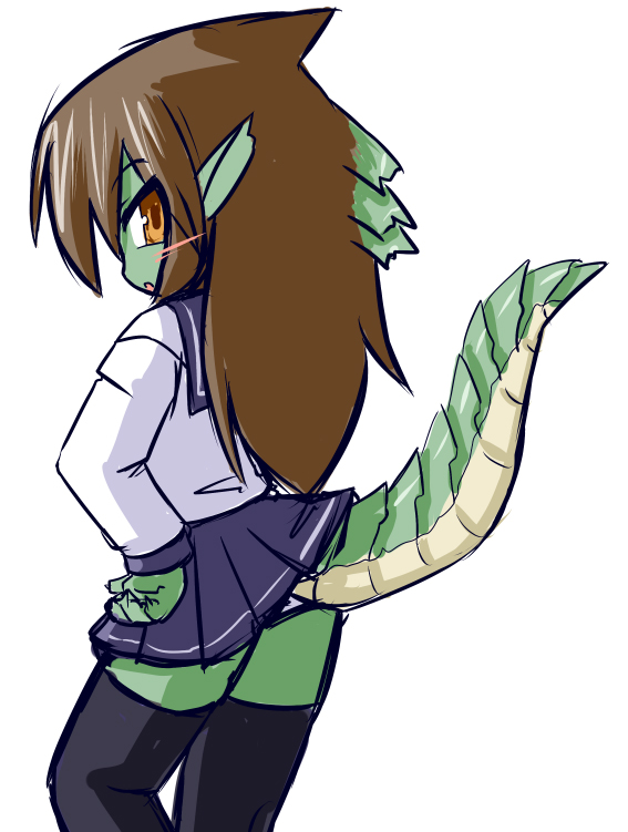 1girl, anthro, asuka_tsubasa, black_legwear, brown_hair, dragon_girl, dragon_tail, from_behind
