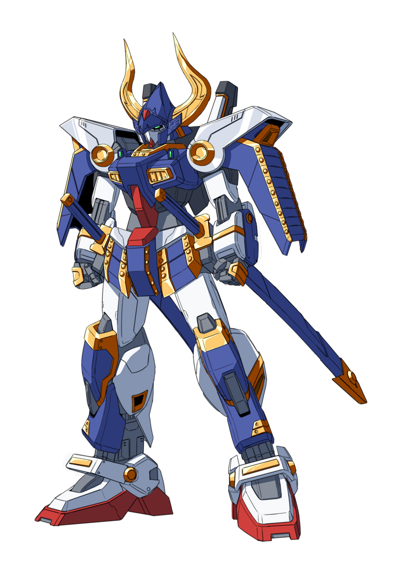 gundam, gundam_mk_ii, gundam_musou, horns, mecha, musha_gundam_mk_ii, no_humans, simple_background, solo, sukekiyo56, sword, weapon, zeta_gundam