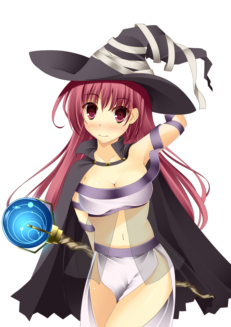 1girl, blush, breasts, cleavage, hat, large_breasts, long_hair, looking_at_viewer