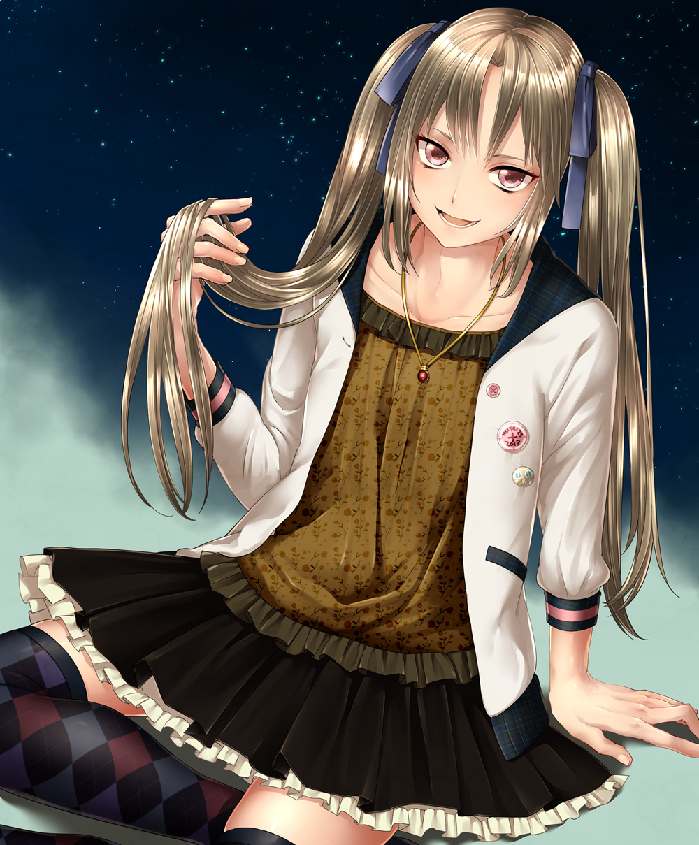 1boy, argyle, argyle_legwear, badge, brown_hair, crossdressinging, jacket, jewelry, long_hair, looking_up, necklace, open_mouth, original, payot, ribbon, sitting, skirt, smile, solo, thigh-highs, trap, twintails, violet_eyes, yamaki_suzume