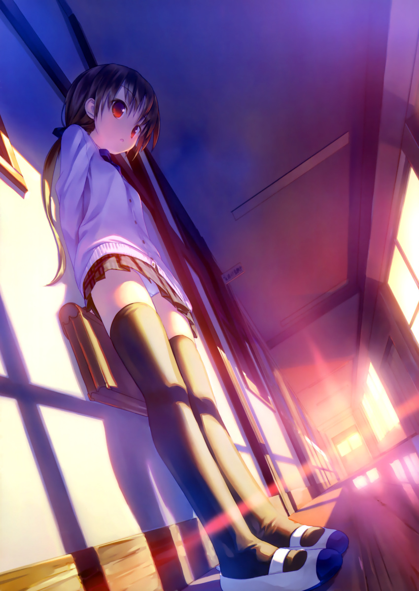 1girl, absurdres, black_legwear, brown_eyes, cardigan, foreshortening, from_below, hair_ribbon