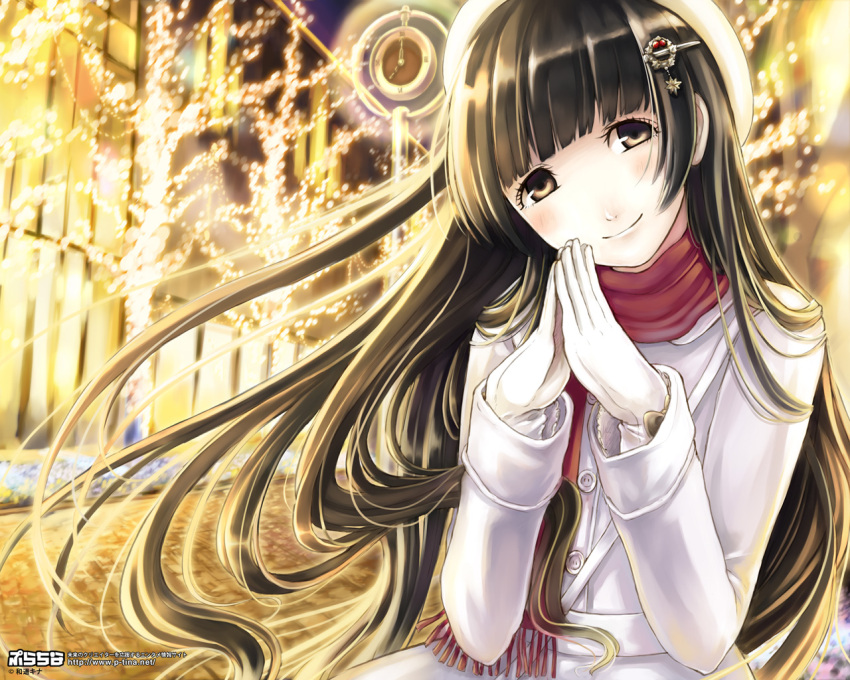 beret, black_hair, blunt_bangs, brown_eyes, brown_hair, clock, gloves, hair_ornament, hairclip, hands_together, haruna_(kazuharu), hat, head_tilt, kazuharu_kina, lights, long_hair, original, scarf, smile, solo, steepled_fingers, street, wallpaper, winter_clothes