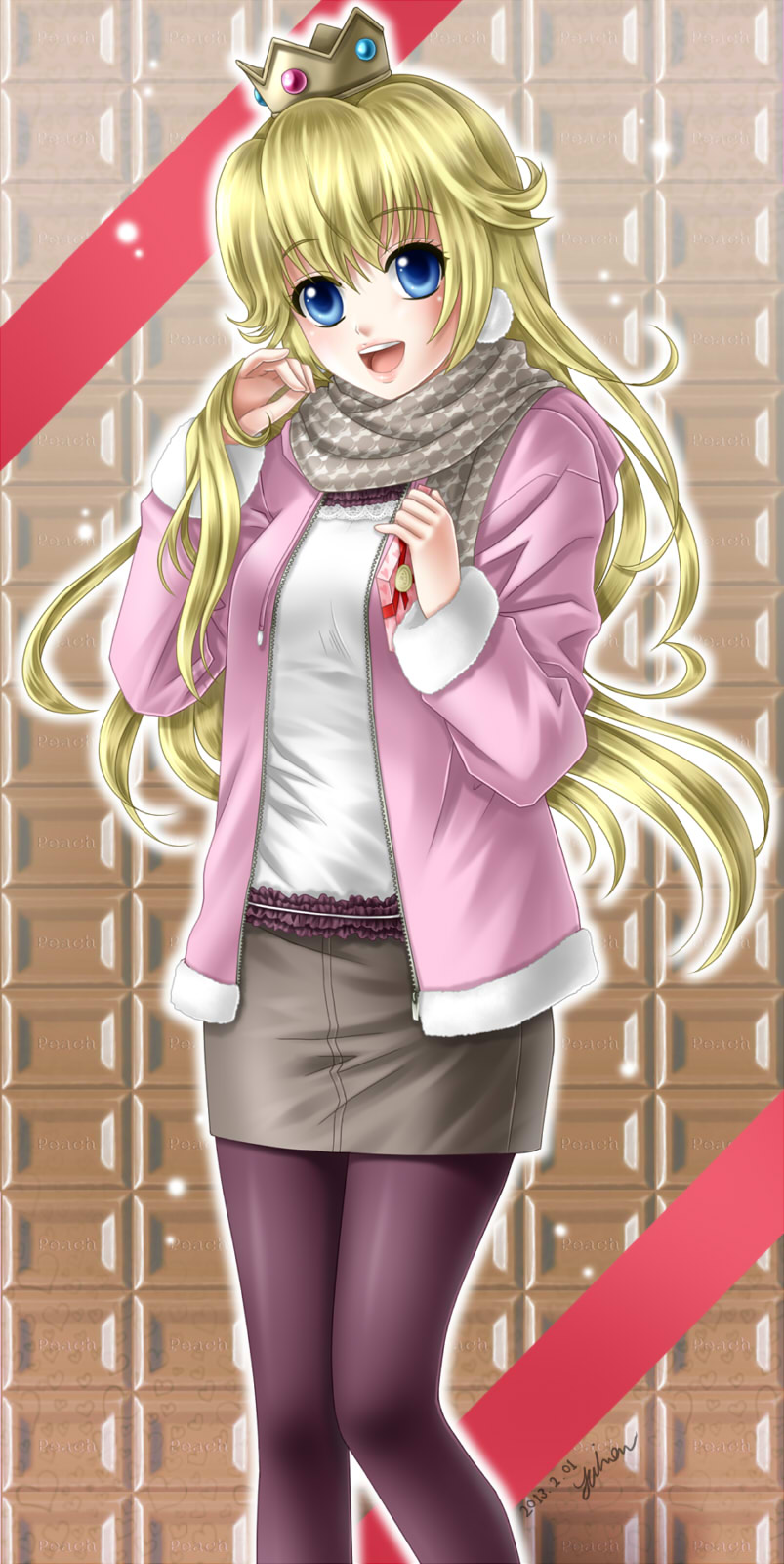 1girl, blonde_hair, blue_eyes, casual, chocolate, contemporary, crown, earrings