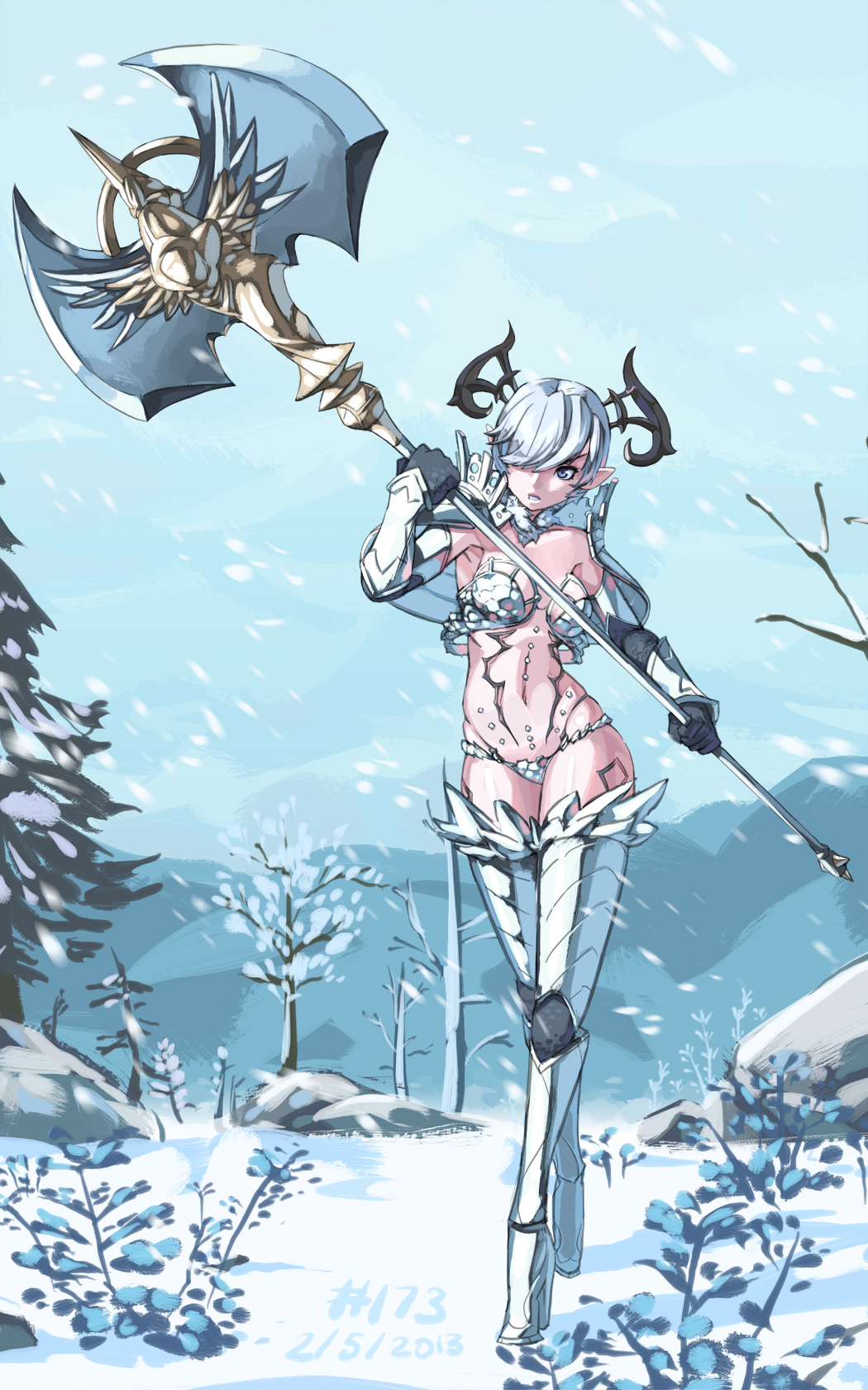 1girl, armor, axe, battle_axe, bikini_armor, blue_hair, boots, breasts