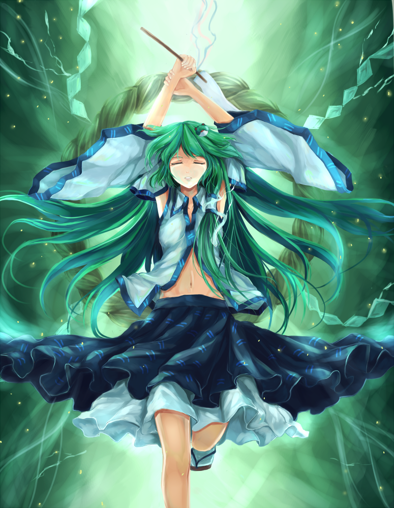 1girl, arms_up, closed_eyes, detached_sleeves, frog_hair_ornament, gohei, green_hair, hair_ornament