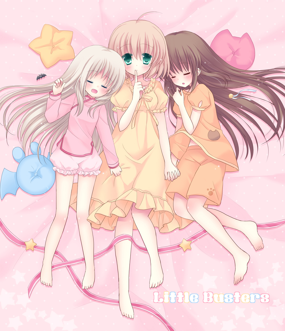3girls, ahoge, bat, bell, blonde_hair, blush, brown_hair, closed_eyes