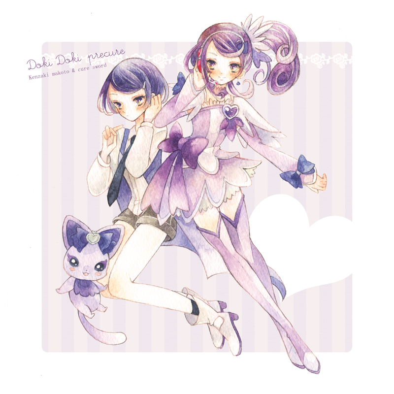 2girls, arm_warmers, boots, bow, character_name, creature, cure_sword, curly_hair