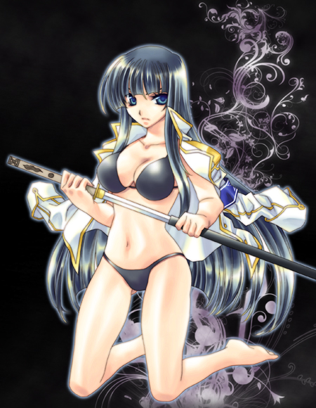 1girl, black_hair, blue_eyes, jacket_on_shoulders, long_hair, original, sword, weapon, xala